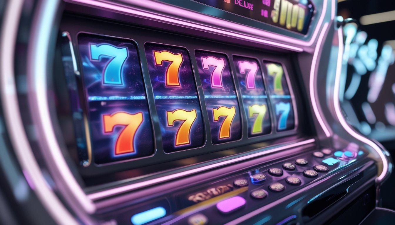 Mesin slot modern dengan angka 7 yang bersinar dan efek cahaya di kasino yang mewah.