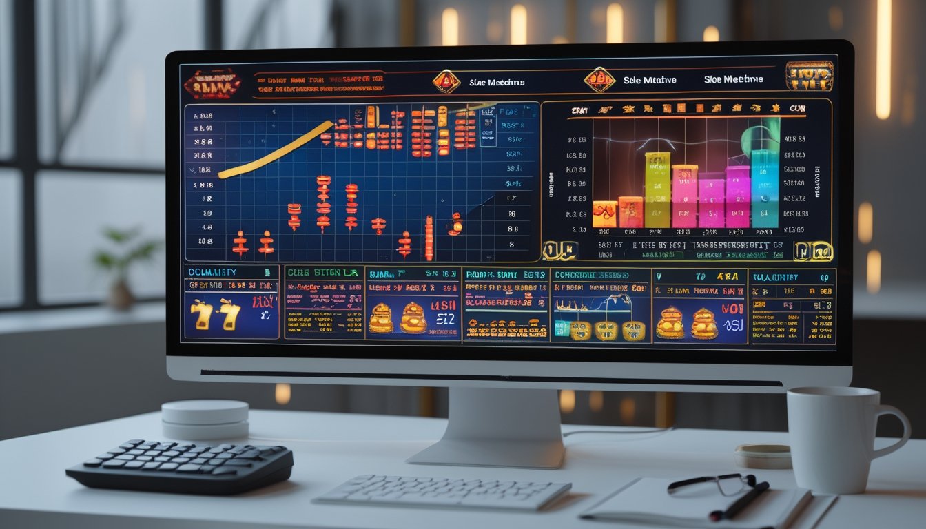 Sebuah ruang kerja modern dengan komputer menampilkan grafik dan diagram analisis slot Double Diamond dan 777 Deluxe, dilengkapi alat tulis dan suasana kerja yang rapi.