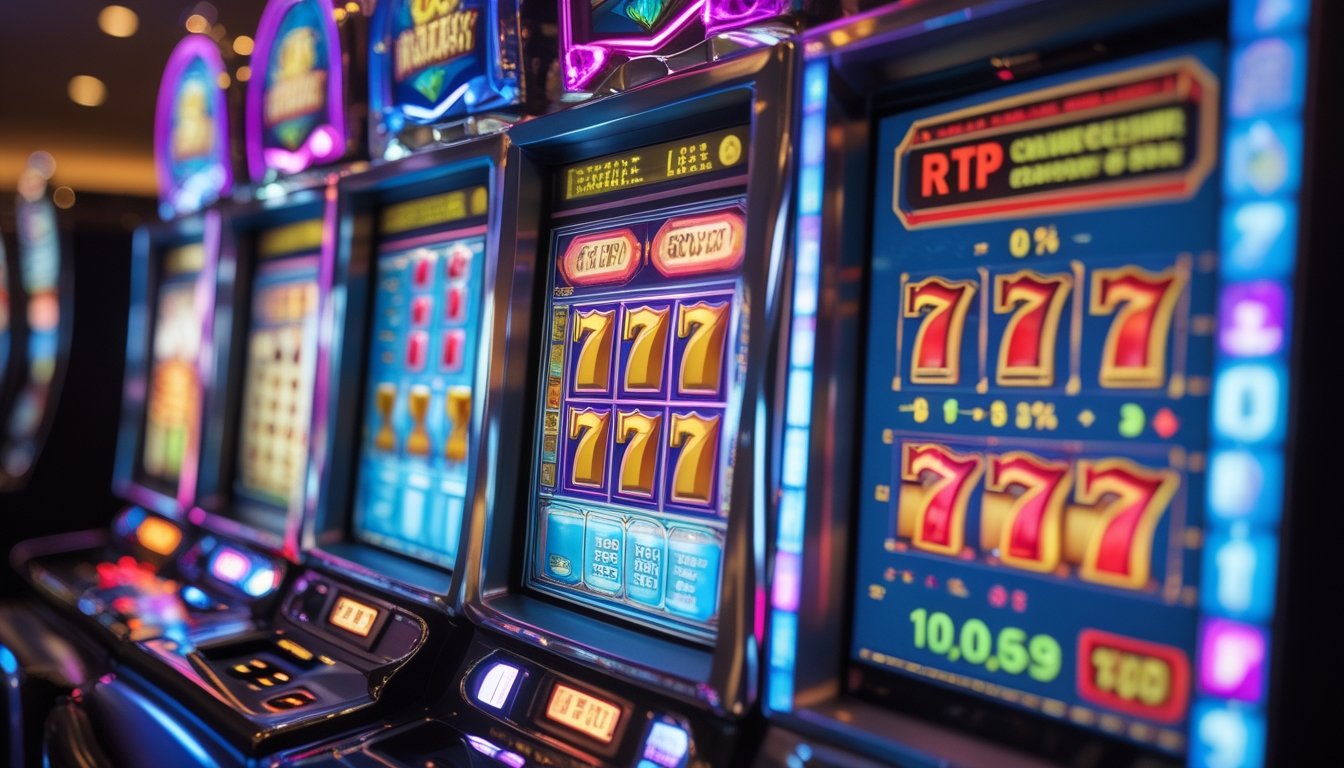Dua mesin slot di kasino dengan grafik data analisis mengambang di depan mereka.