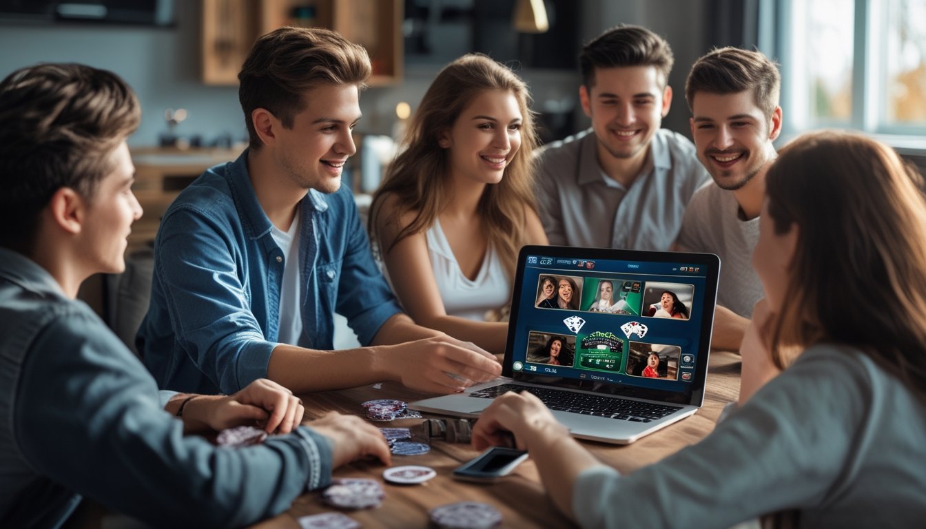 Sekelompok orang muda bermain poker online bersama di ruang tamu yang nyaman dengan laptop di meja.