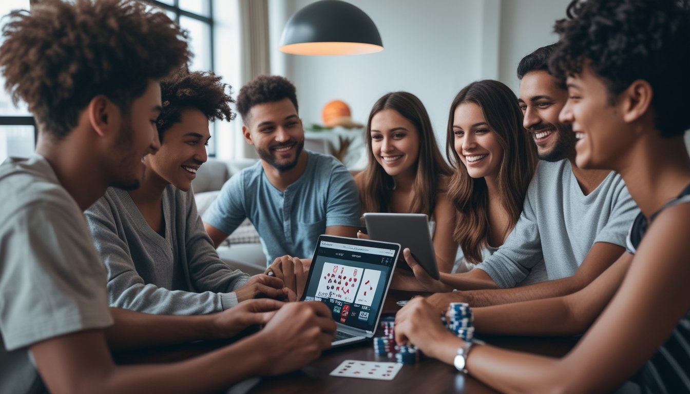 Sekelompok orang muda sedang duduk bersama di meja bermain poker online dengan laptop dan kartu remi di dalam ruangan yang nyaman.