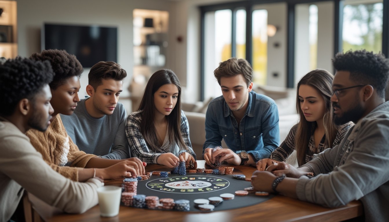 Sekelompok orang muda bermain poker di meja kayu di ruang tamu yang terang dan modern.