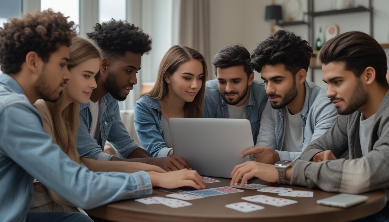 Sekelompok orang muda bermain poker online bersama di ruang tamu dengan laptop dan kartu remi di atas meja.