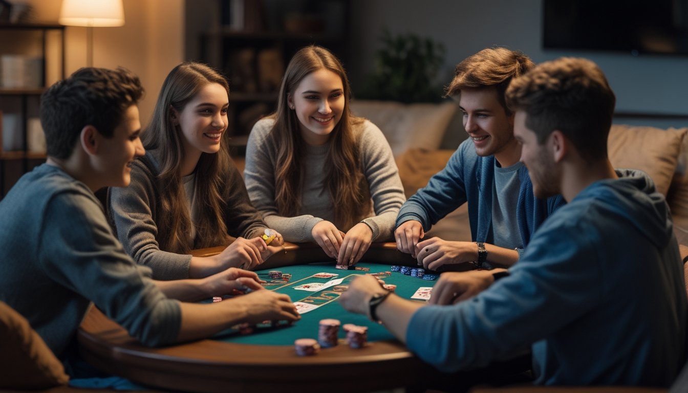 Sekelompok orang muda sedang bermain poker di ruang tamu yang nyaman dengan meja poker, chip, dan kartu.