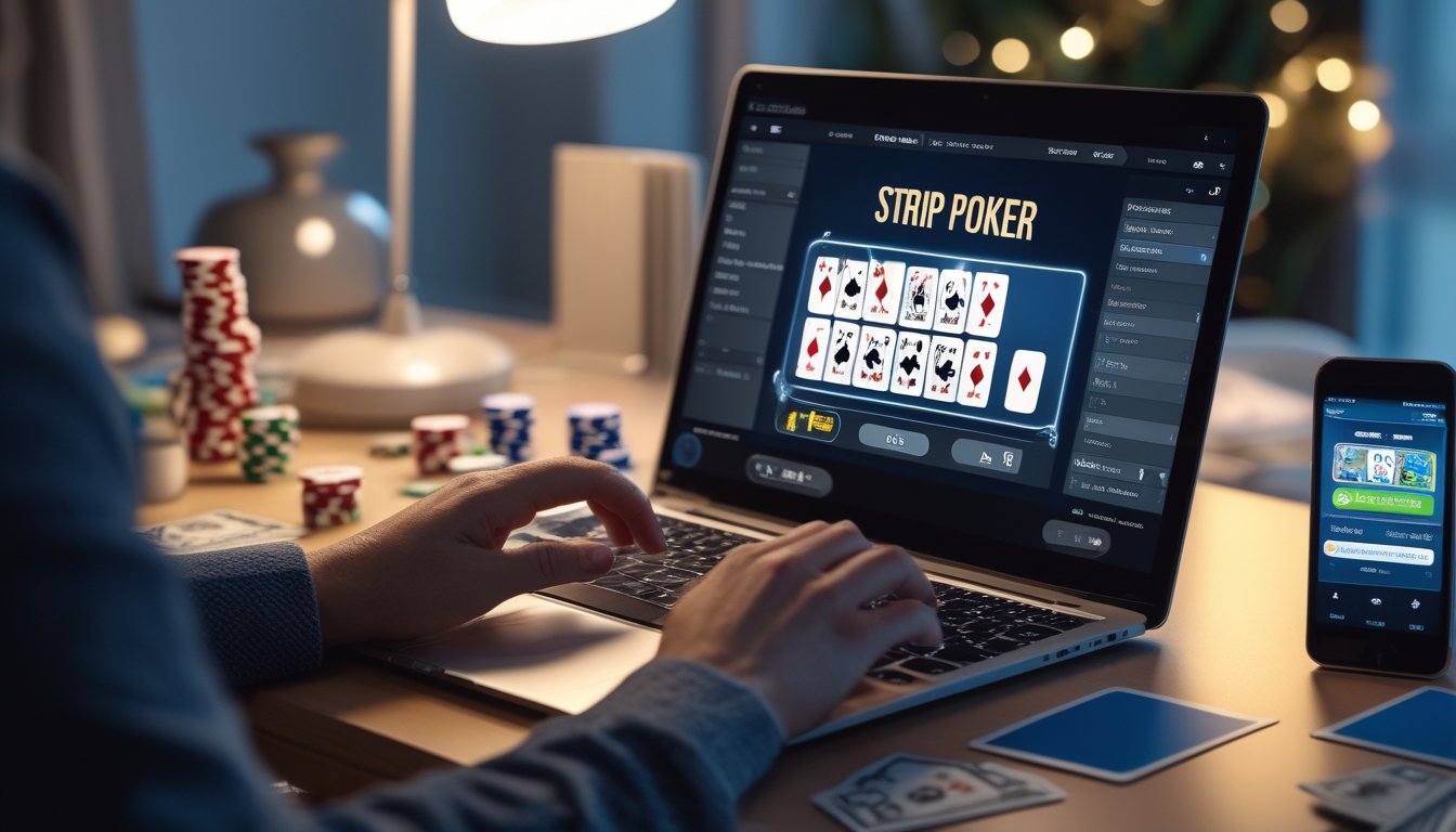 Seorang pemain menggunakan laptop dengan tampilan permainan poker online di meja kerja yang rapi, dikelilingi oleh chip poker dan kartu remi.