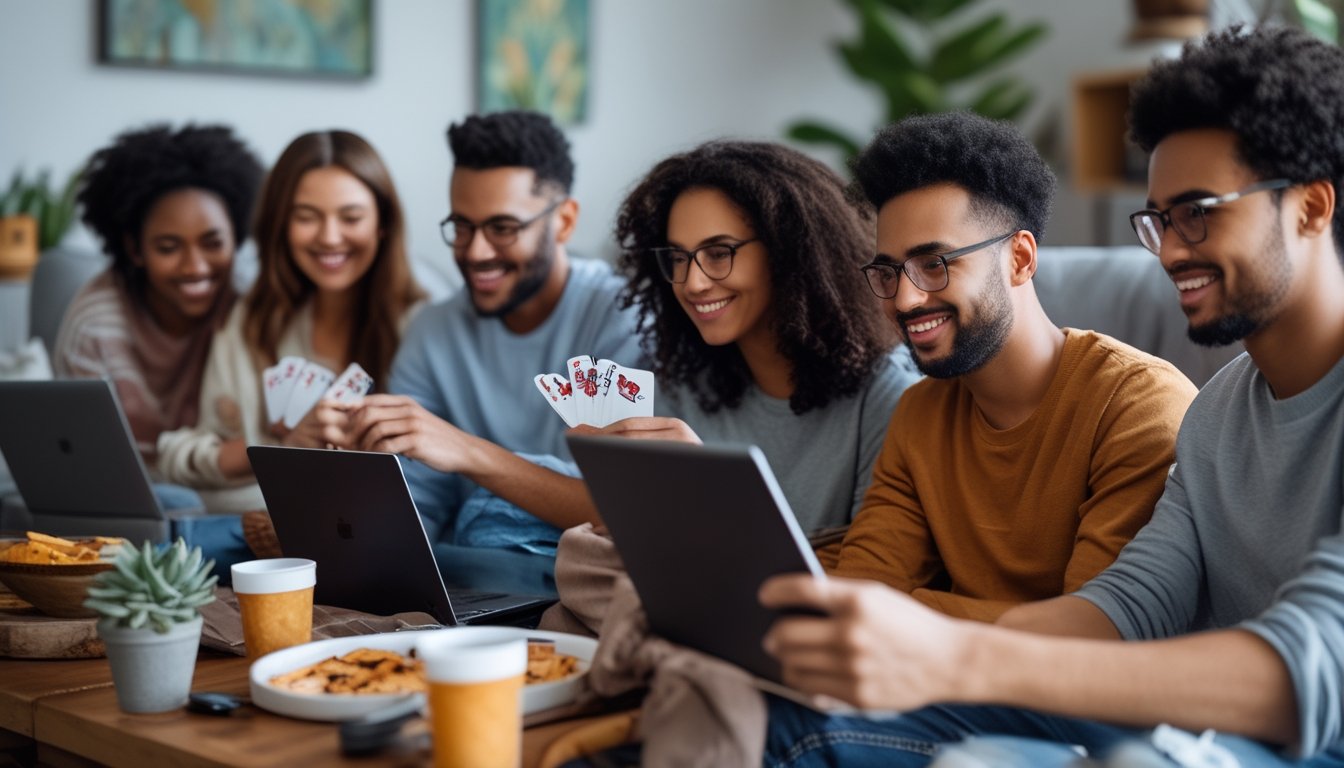Sekelompok orang muda bermain poker online bersama di ruang tamu yang nyaman dengan laptop dan tablet.
