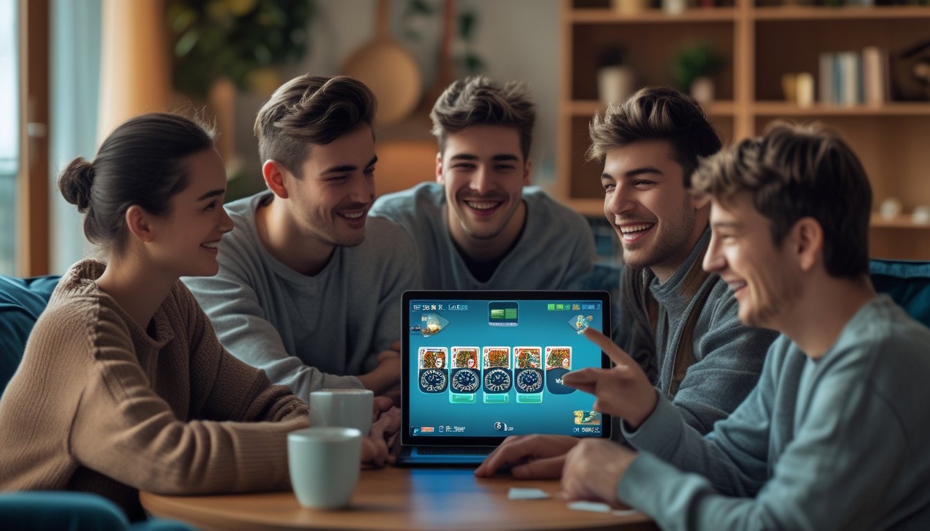 Sekelompok orang muda bermain poker online bersama di ruang tamu yang nyaman dengan laptop di atas meja.
