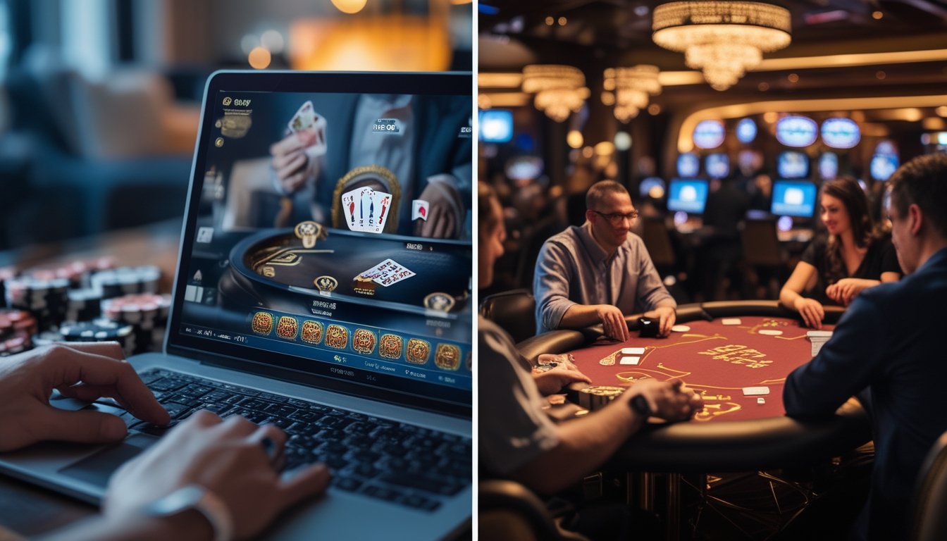 Gambaran perbandingan antara permainan poker online dengan seseorang bermain di depan laptop dan permainan poker tradisional di meja kasino dengan beberapa pemain.