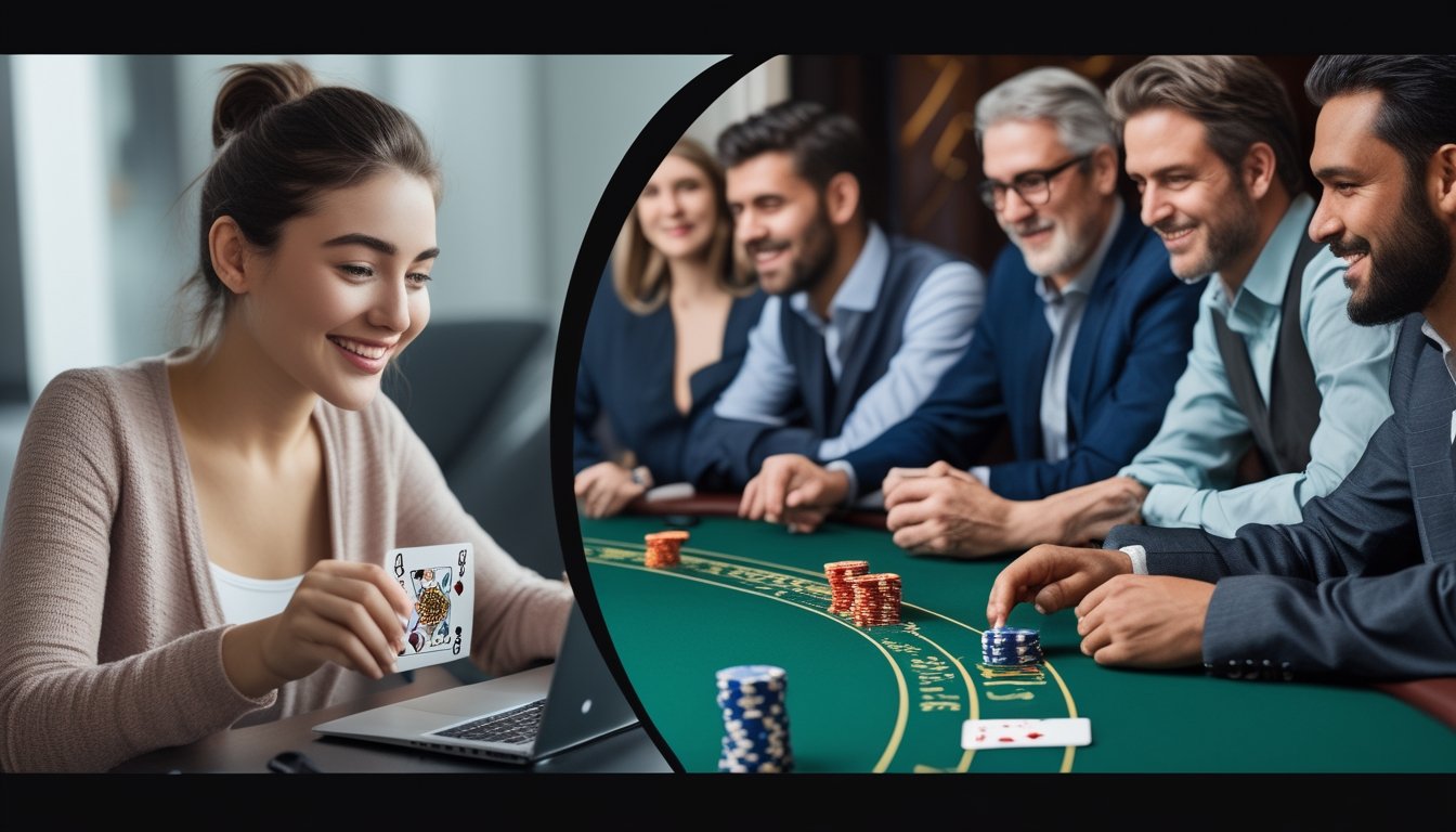 Dua adegan berdampingan, satu orang bermain strip poker online dengan laptop di rumah, dan sekelompok orang bermain poker tradisional di meja kasino.