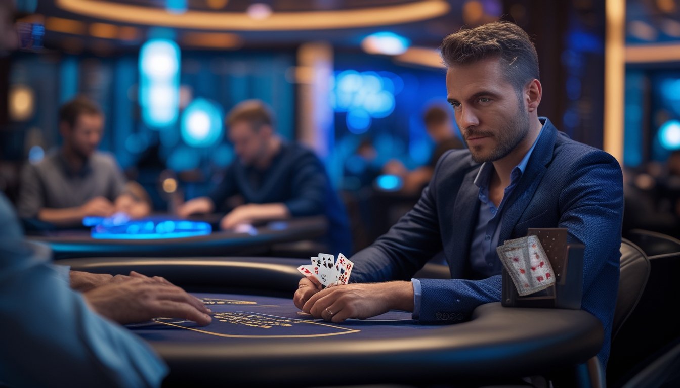Seorang pria fokus duduk di meja poker dengan kartu dan chip, suasana kasino yang ramai di latar belakang.
