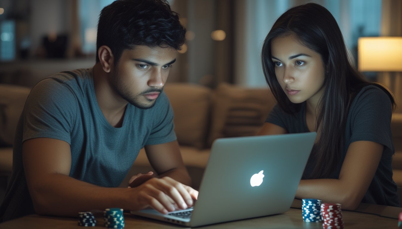 Dua orang dewasa bermain strip poker online dengan ekspresi serius di ruang tamu yang nyaman.