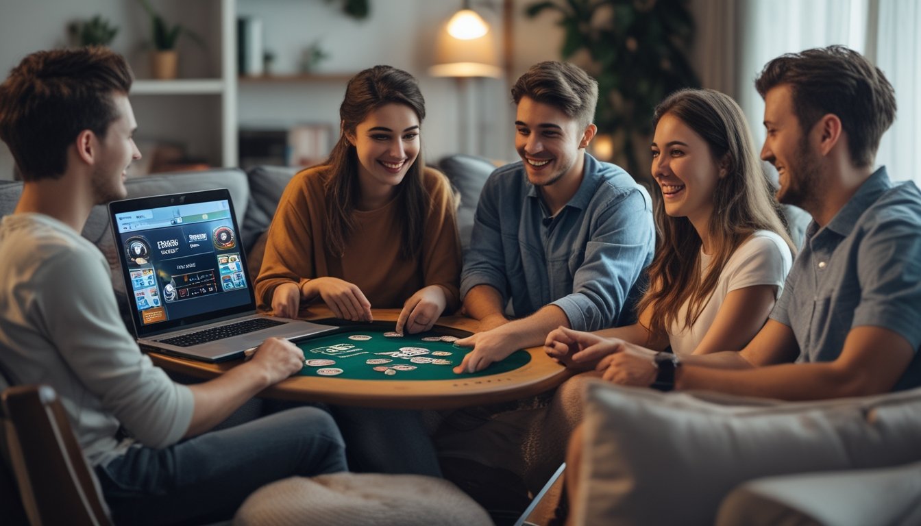 Sekelompok orang muda bermain poker online bersama di ruang tamu yang nyaman dengan laptop menampilkan permainan poker.