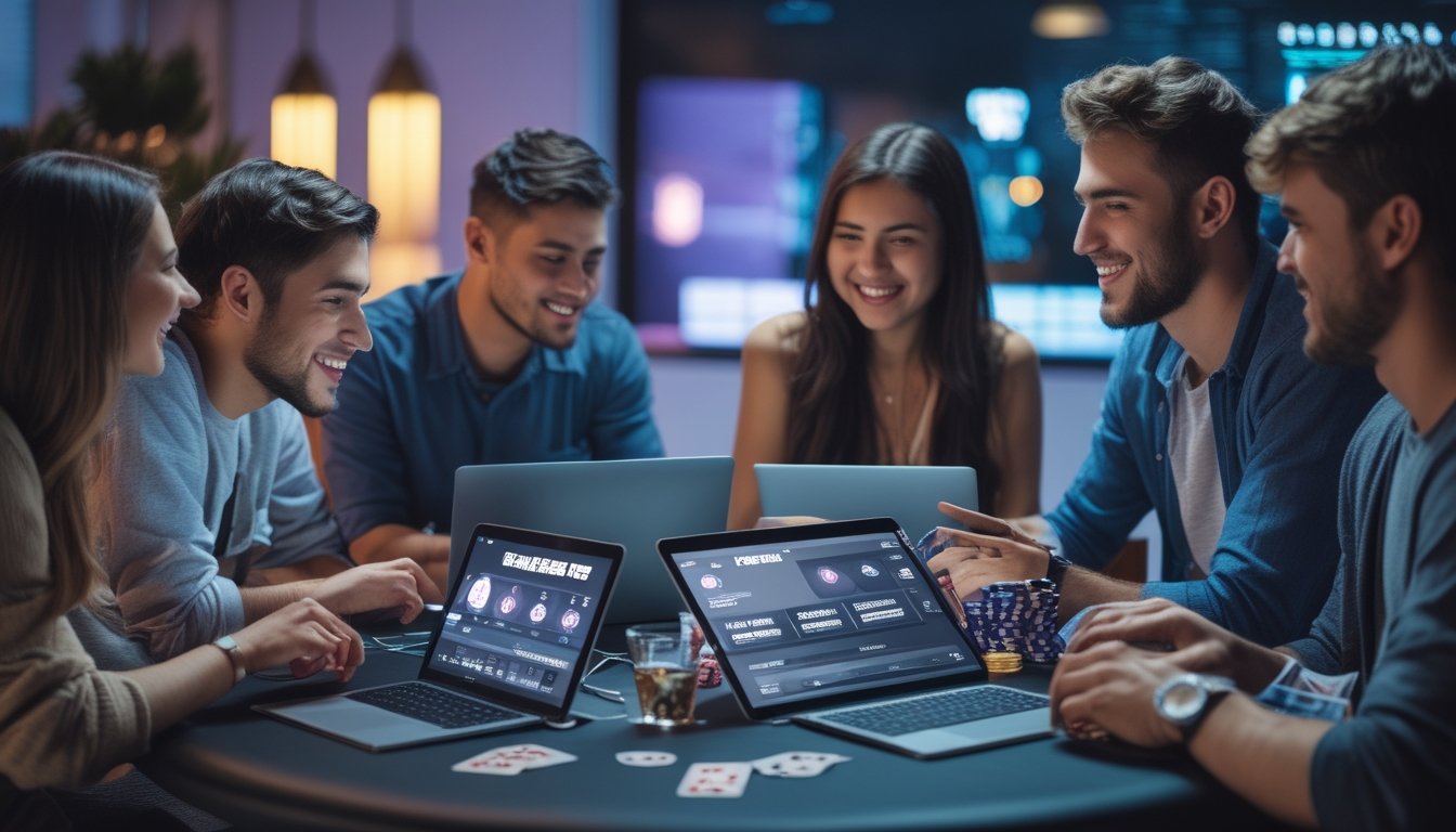 Sekelompok orang muda sedang bermain poker online bersama di sebuah ruangan yang nyaman dengan laptop dan kartu remi di atas meja.