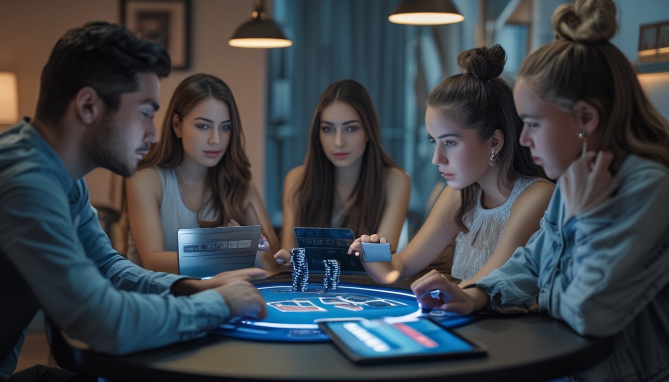 Sekelompok orang bermain poker online di meja dengan kartu dan chip, menunjukkan ekspresi serius dan strategi permainan.