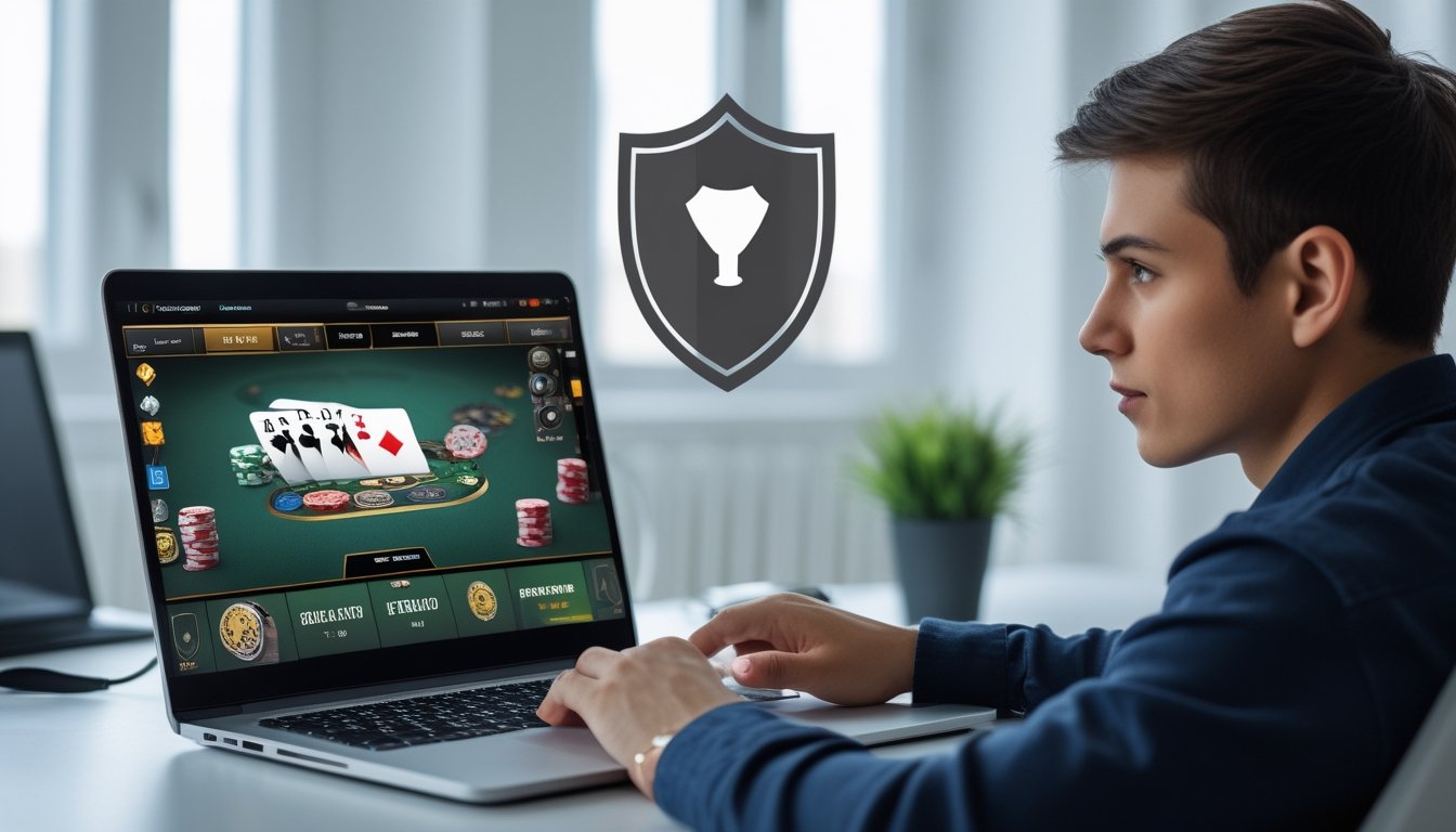 Seorang dewasa muda sedang bermain poker online di laptop di ruang kerja rumah yang rapi dan terang.