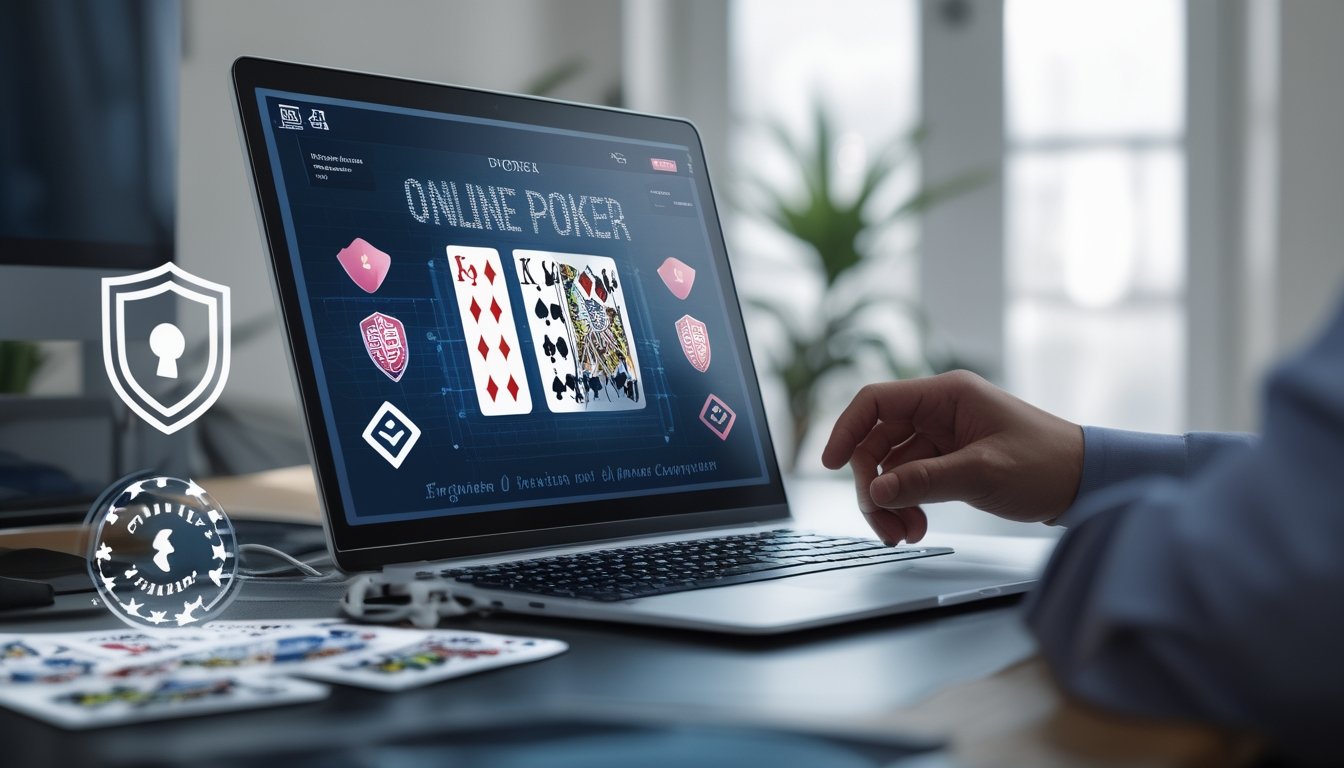 Seorang pengguna bermain poker online di komputer dengan simbol keamanan di sekitar layar, menunjukkan lingkungan permainan yang aman dan terpercaya.