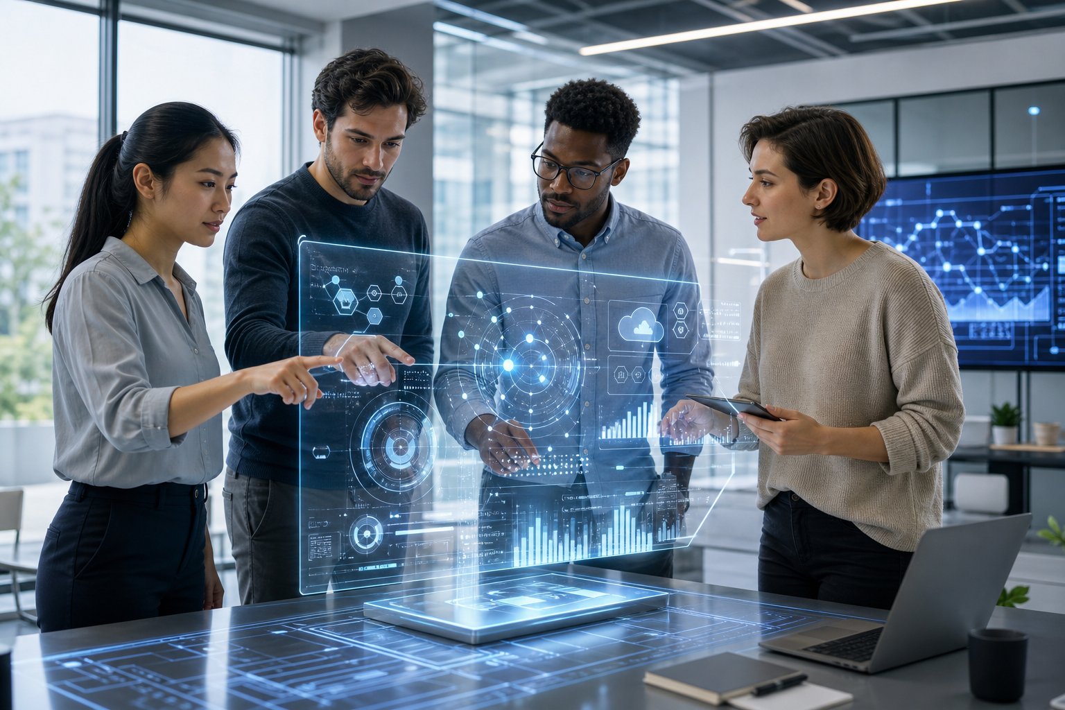 Meta BLE42 Immobiliser 6 A group of professionals interacting with a futuristic transparent touchscreen interface in a modern office setting.