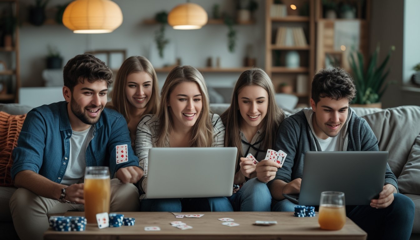 Sekelompok orang muda bermain strip poker online dengan laptop dan tablet di ruang tamu yang nyaman.