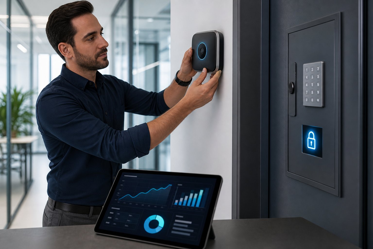 Meta BLE42 Immobiliser 8 A technician installing a security device in a modern office with digital displays showing security and cost data.