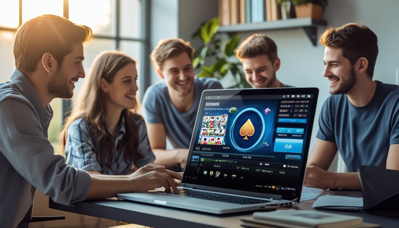Sekelompok orang muda bermain poker online di laptop di ruang kerja rumah yang nyaman.