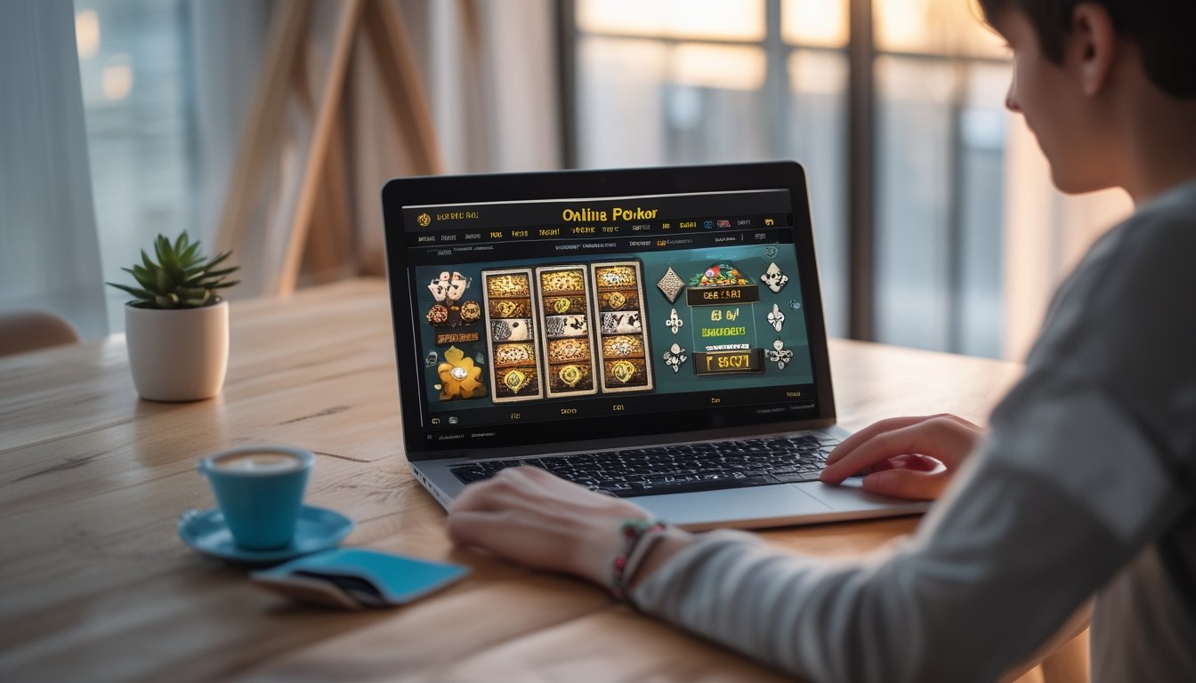Seorang dewasa muda duduk di depan laptop yang menampilkan permainan poker online di sebuah meja kerja dengan pencahayaan alami.