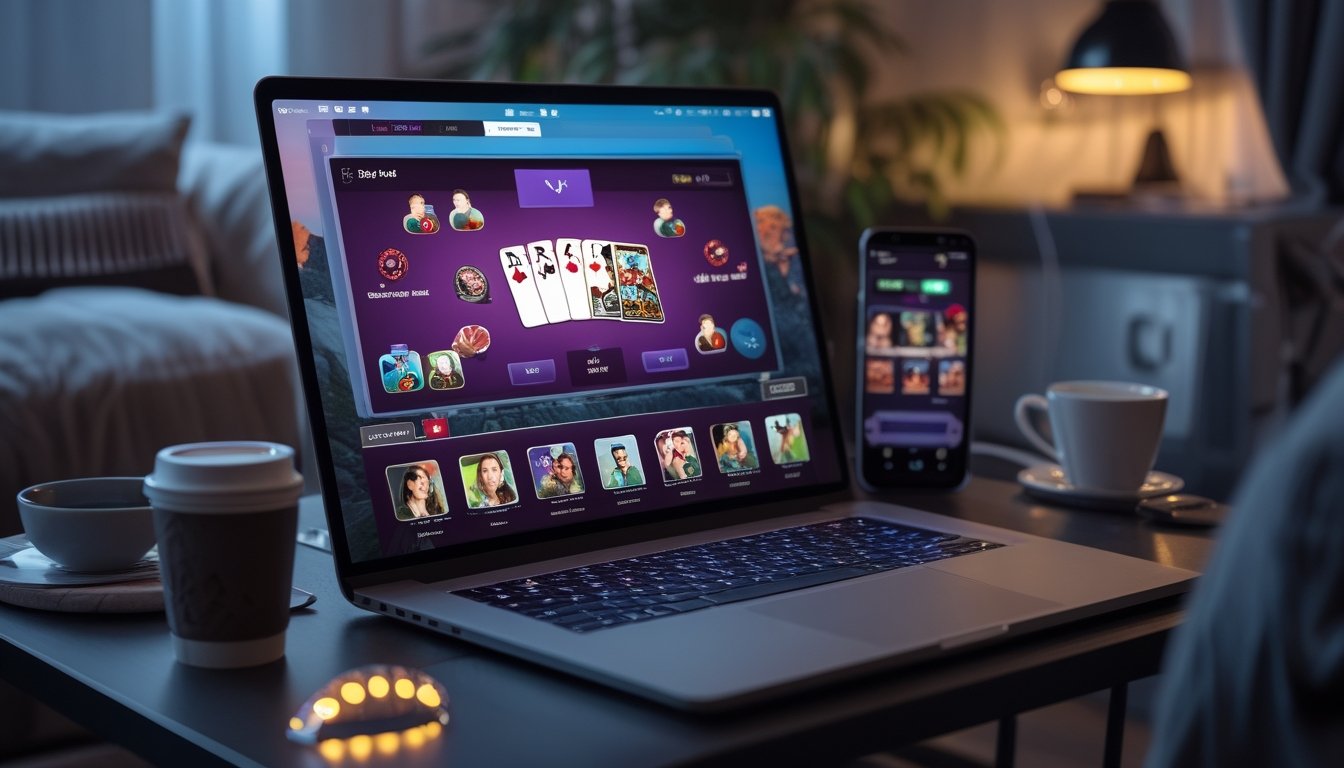 Seseorang bermain game poker online multiplayer di komputer di ruangan yang nyaman dengan pencahayaan hangat.