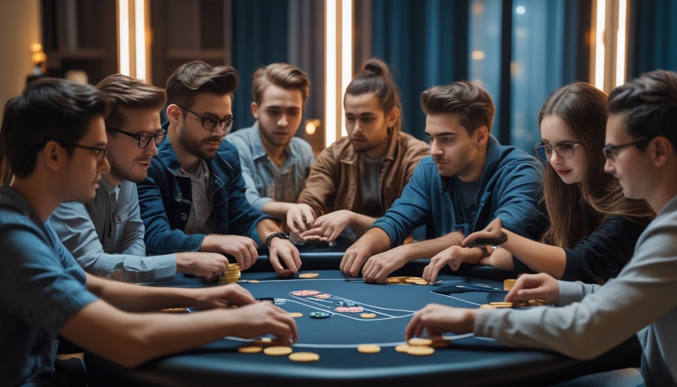 Sekelompok orang muda bermain poker bersama di meja dengan kartu dan chip, suasana serius dan fokus.