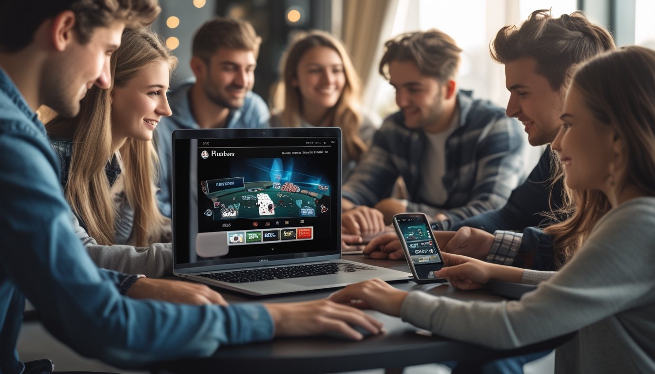 Sekelompok orang muda bermain poker online menggunakan laptop dan smartphone di meja modern.