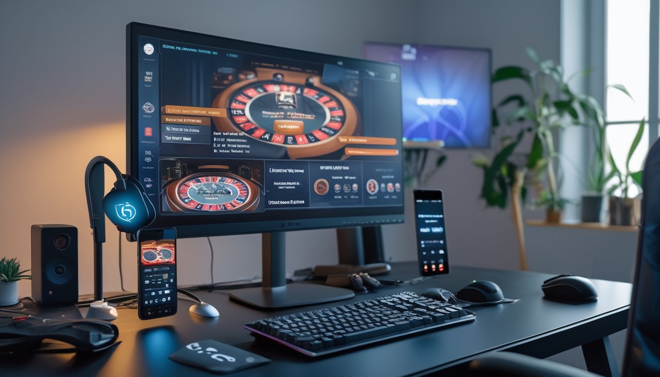 Sebuah meja dengan komputer dan smartphone yang menampilkan permainan poker, dikelilingi aksesori gaming di ruangan yang terang dan nyaman.