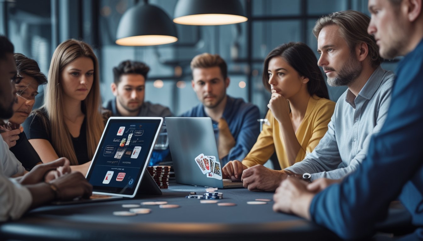 Sekelompok pemain poker online yang berpengalaman sedang fokus bermain dengan laptop dan tablet di meja modern.