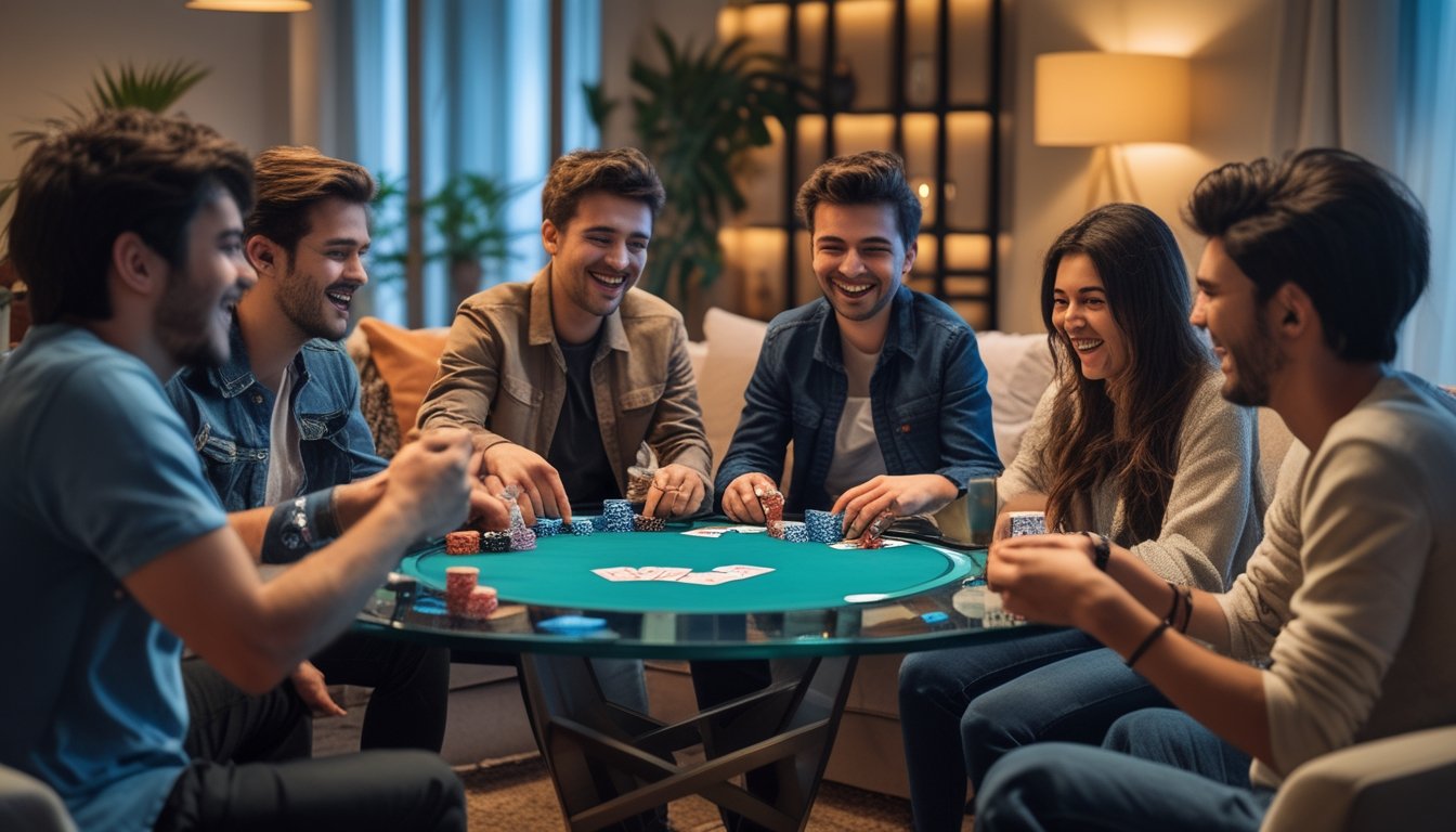 Sekelompok teman bermain poker bersama di ruang tamu yang nyaman, tertawa dan menikmati waktu bersama.