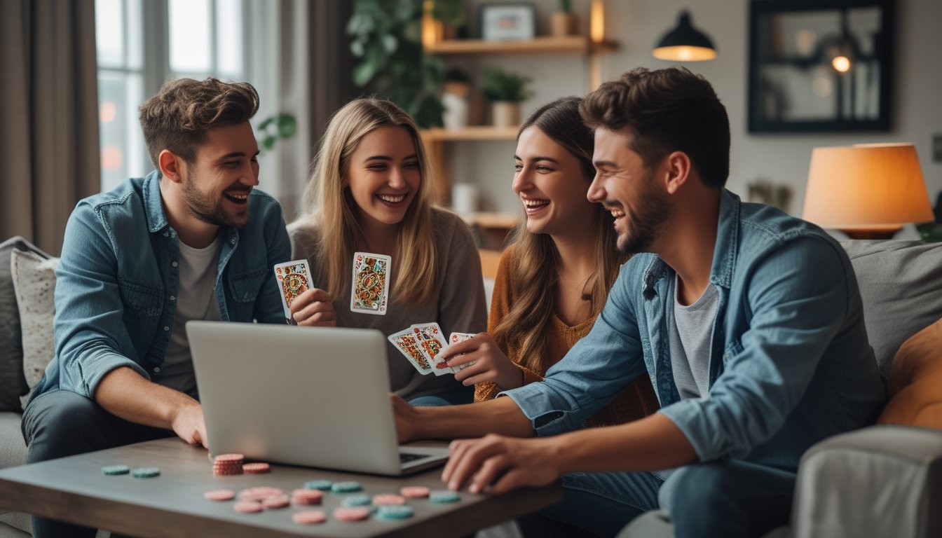 Sekelompok orang muda sedang bermain strip poker online bersama di ruang tamu yang nyaman dan hangat.
