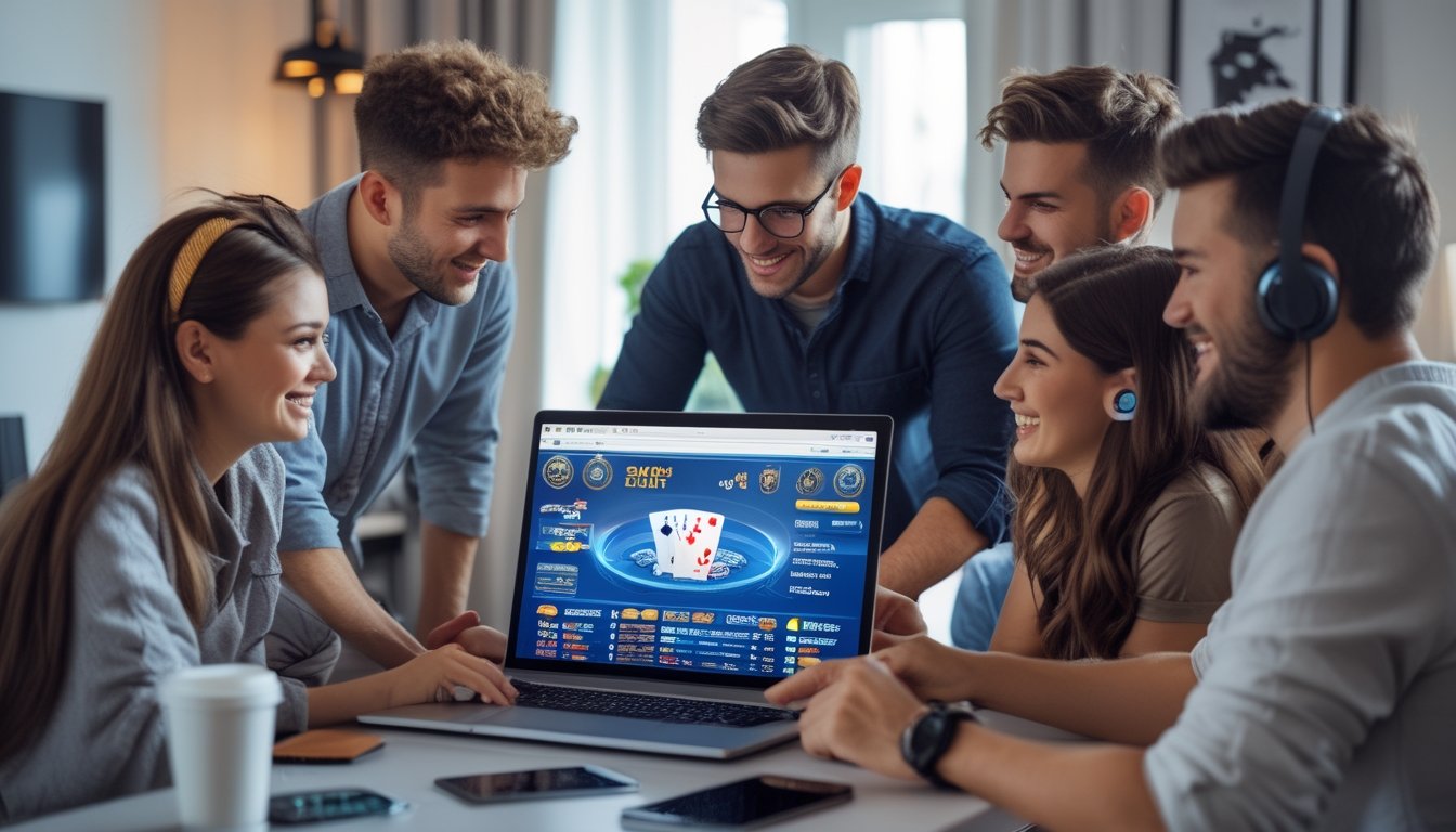 Sekelompok orang muda bermain game poker online di depan komputer di ruangan yang nyaman.