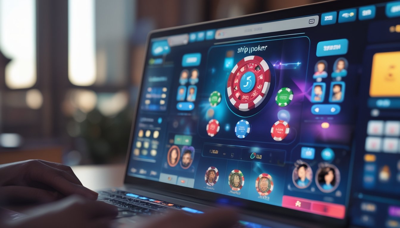 Tampilan layar komputer dengan antarmuka permainan poker online yang ramah dan menarik, menunjukkan fitur-fitur interaktif dan desain yang mudah digunakan.