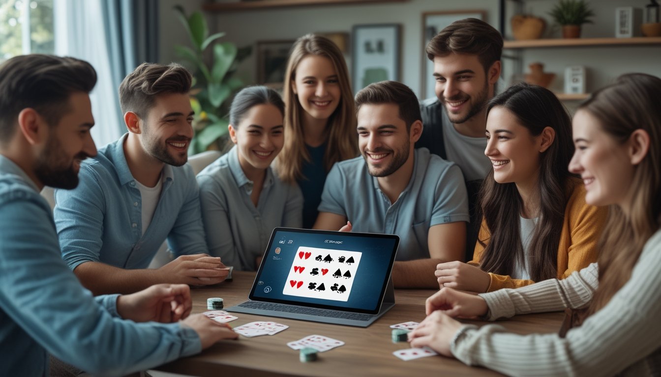 Sekelompok orang muda sedang bermain poker online bersama di ruang tamu yang nyaman.