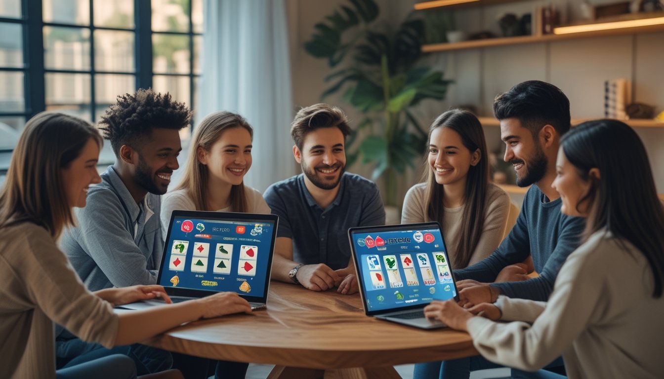 Sekelompok orang muda duduk bersama di ruang tamu sambil bermain permainan kartu secara online dengan perangkat laptop dan tablet.