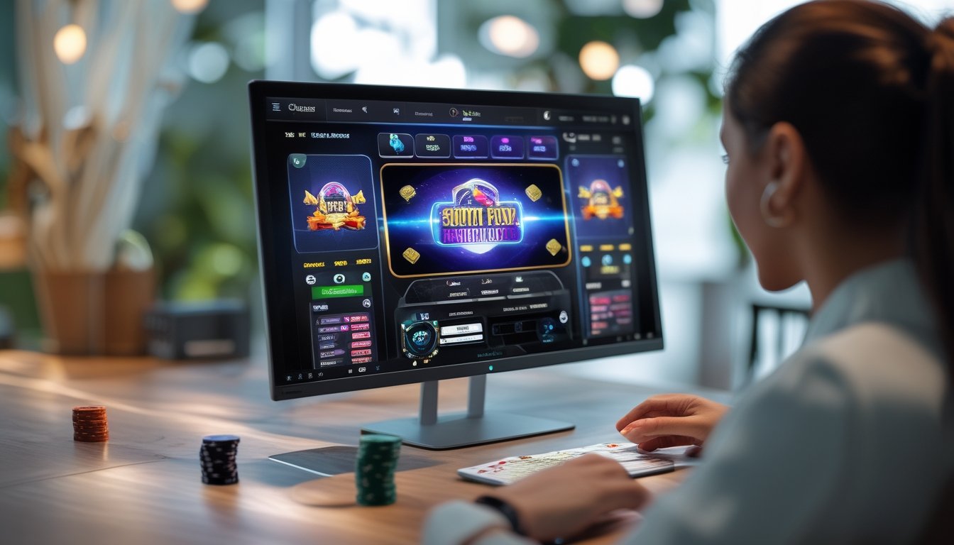 Seseorang bermain poker online di depan layar komputer dengan kartu dan chip poker di meja.