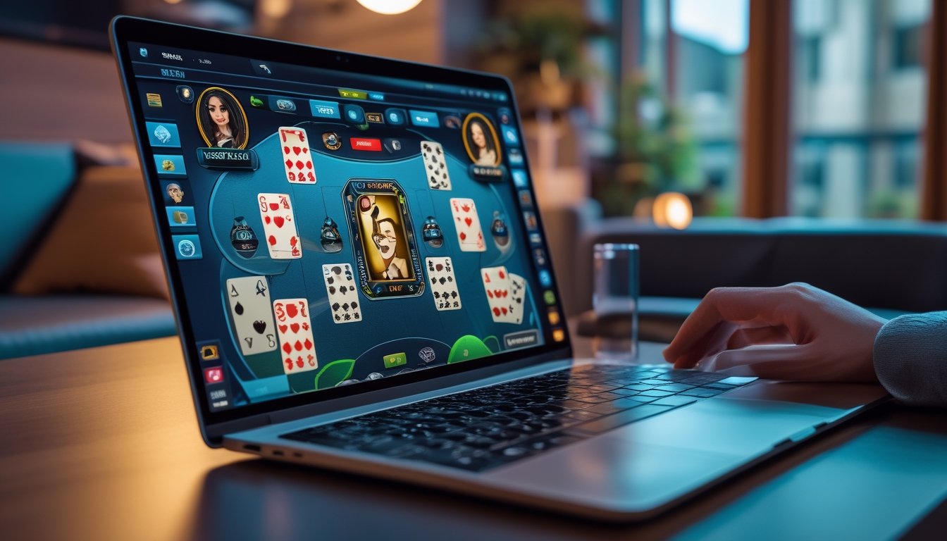 Sebuah laptop menampilkan permainan poker online dengan kartu dan chip di layar, di sebuah ruangan dengan pencahayaan hangat.