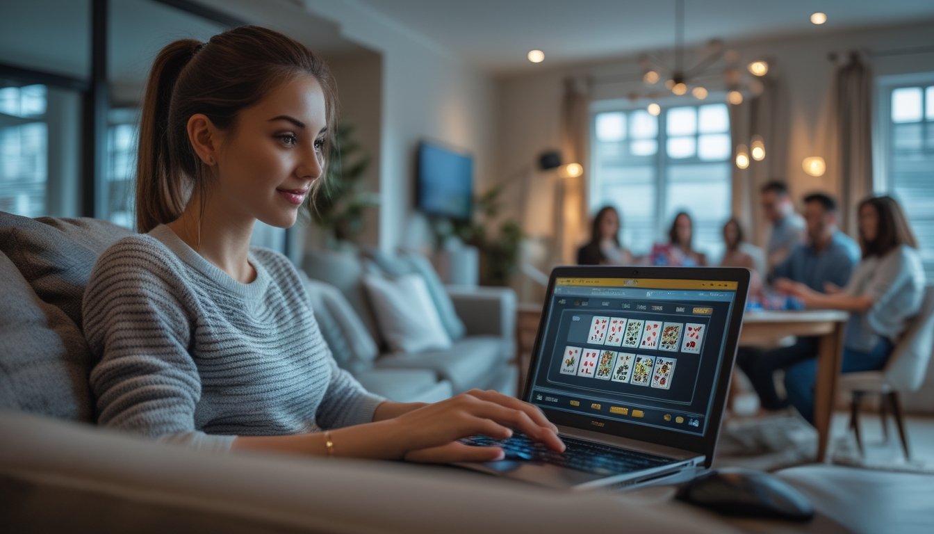 Seorang wanita muda duduk di sofa dengan laptop yang menampilkan permainan poker, sementara di latar belakang teman-temannya bermain poker secara langsung di meja.