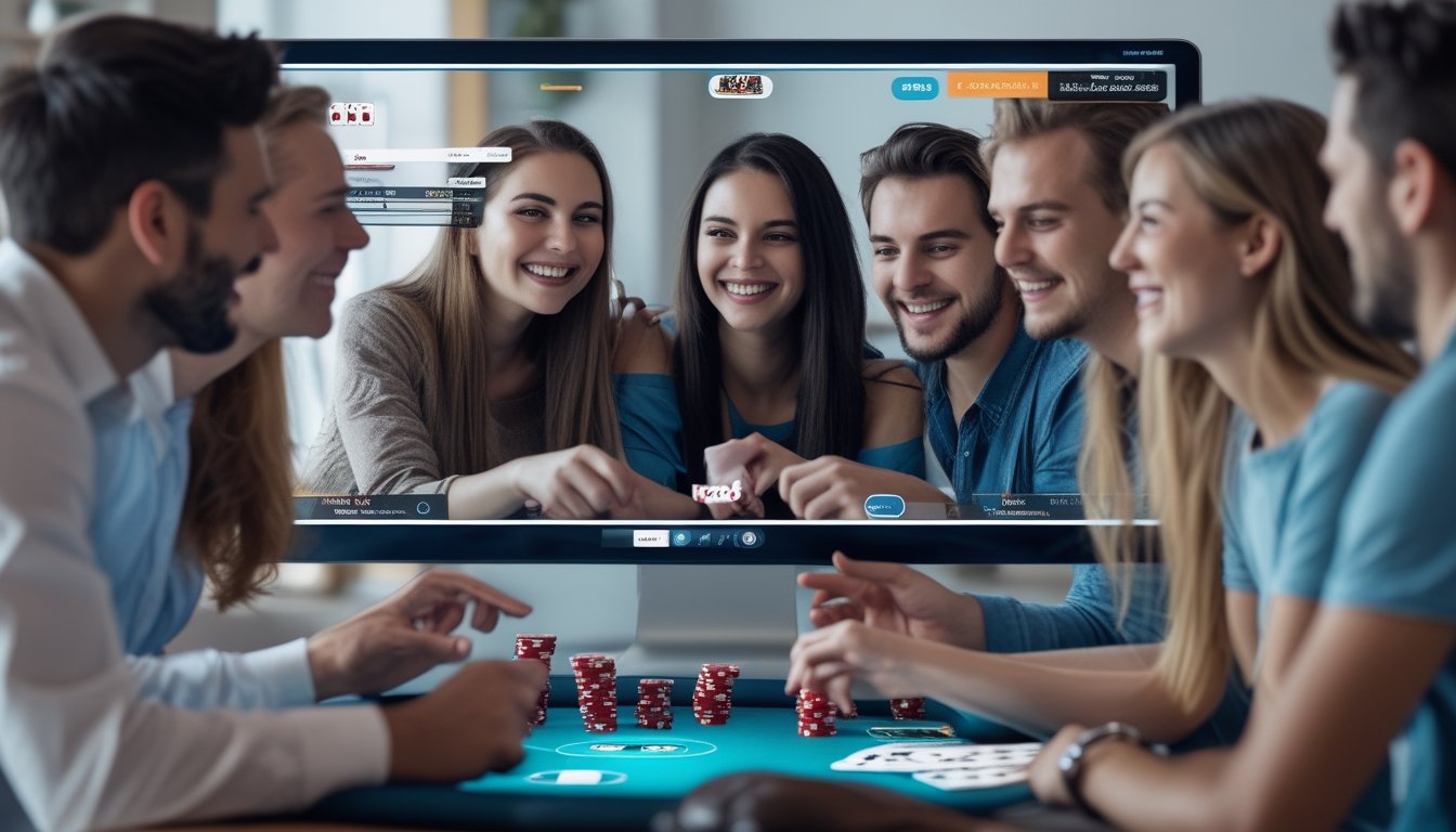 Sekelompok orang muda bermain poker online bersama di depan layar komputer besar dengan ekspresi senang dan interaktif.