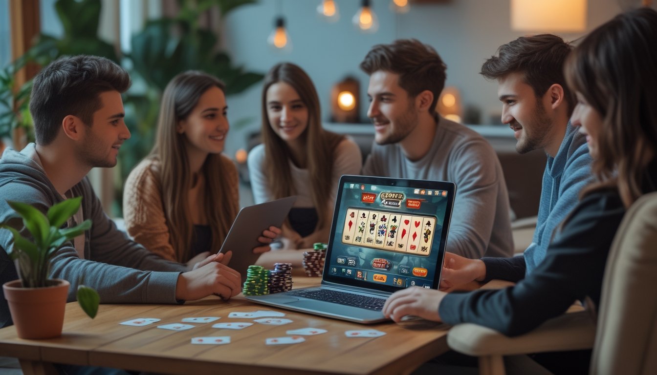 Sekelompok orang muda sedang bermain game poker online di ruang tamu yang nyaman dengan laptop dan perlengkapan poker di atas meja.