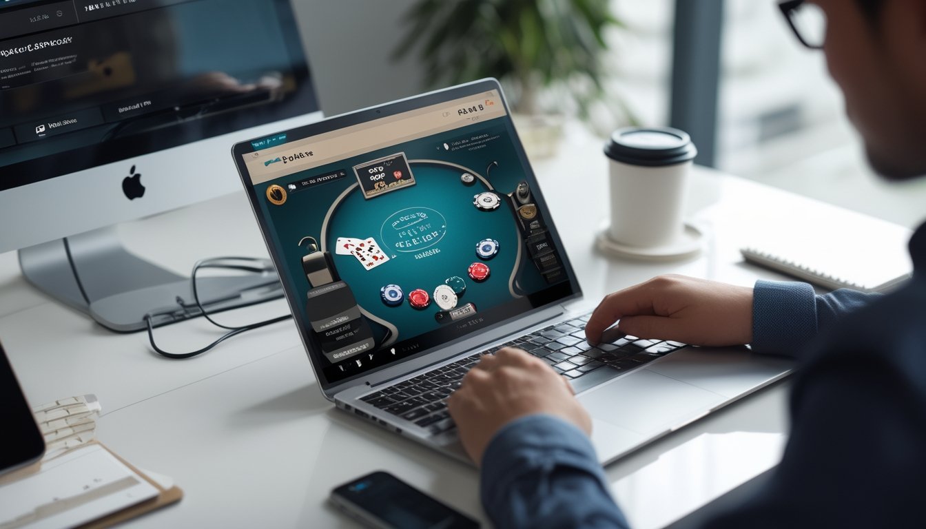 Seorang pria duduk di depan laptop yang menampilkan permainan poker online dengan tumpukan chip dan kartu di layar, di meja terdapat cangkir kopi dan smartphone.