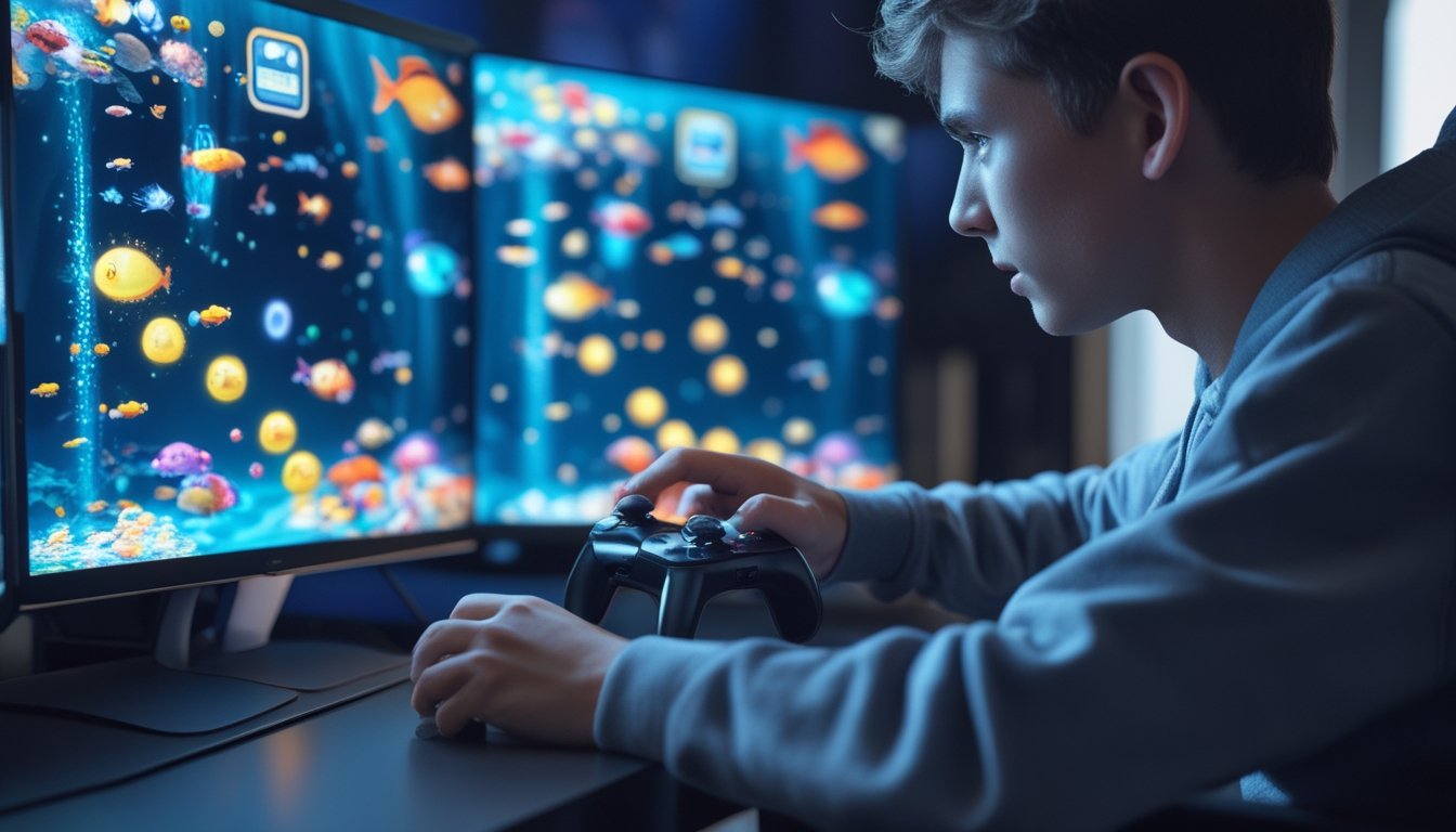Seorang pemain muda sedang bermain game tembak ikan dengan layar penuh warna dan ikon power-up yang menyala, fokus pada permainan yang intens dan cepat.