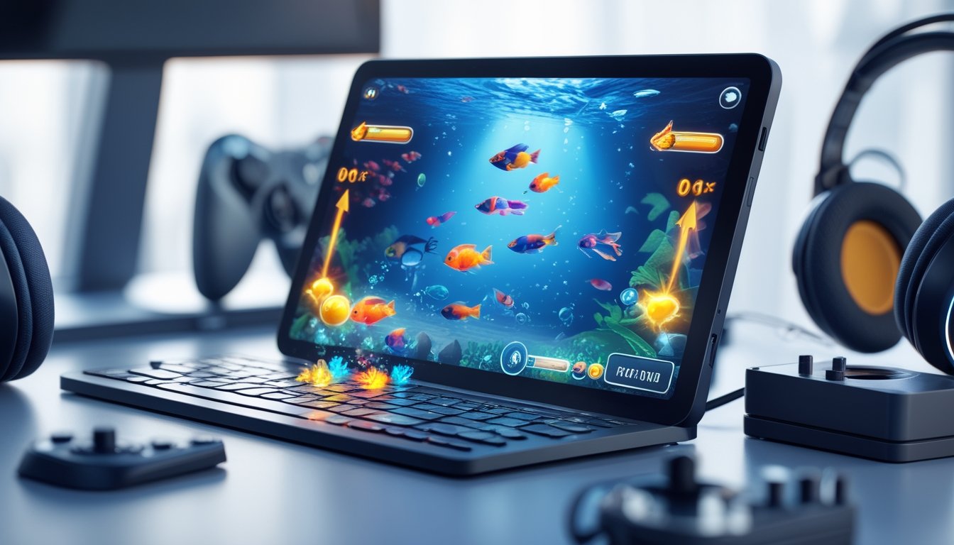 Seorang pemain menggunakan perangkat digital menampilkan permainan tembak ikan dengan ikon power-up yang menyala di layar.