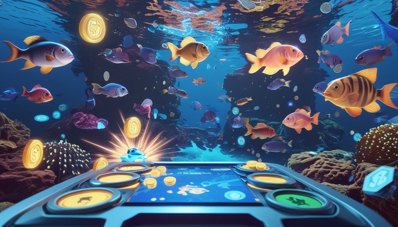 Adegan bawah laut dengan berbagai ikan berwarna-warni dan ikon power-up bercahaya, menunjukkan permainan menembak ikan untuk mengumpulkan koin.