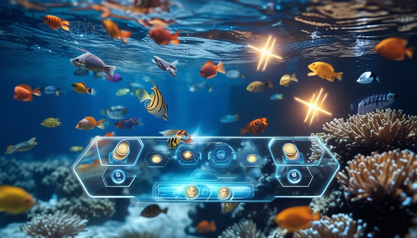 Pemandangan bawah laut dengan ikan berwarna-warni dan elemen antarmuka permainan yang menunjukkan power-up dan koin.