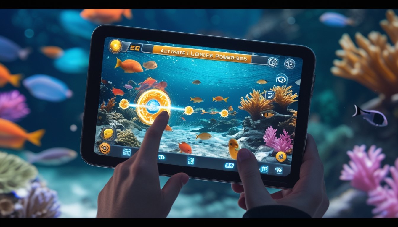 Layar perangkat menampilkan permainan tembak ikan dengan efek power-up di lingkungan bawah laut penuh ikan dan terumbu karang.