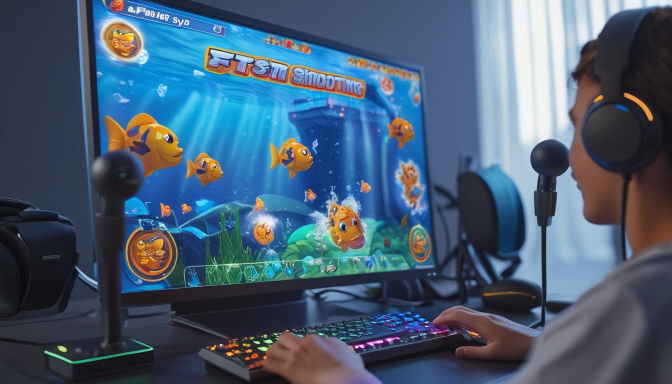 Sebuah perangkat game dengan layar menampilkan karakter ikan dan ikon power-up yang berwarna-warni, dikelilingi oleh aksesori game seperti joystick dan headphone.