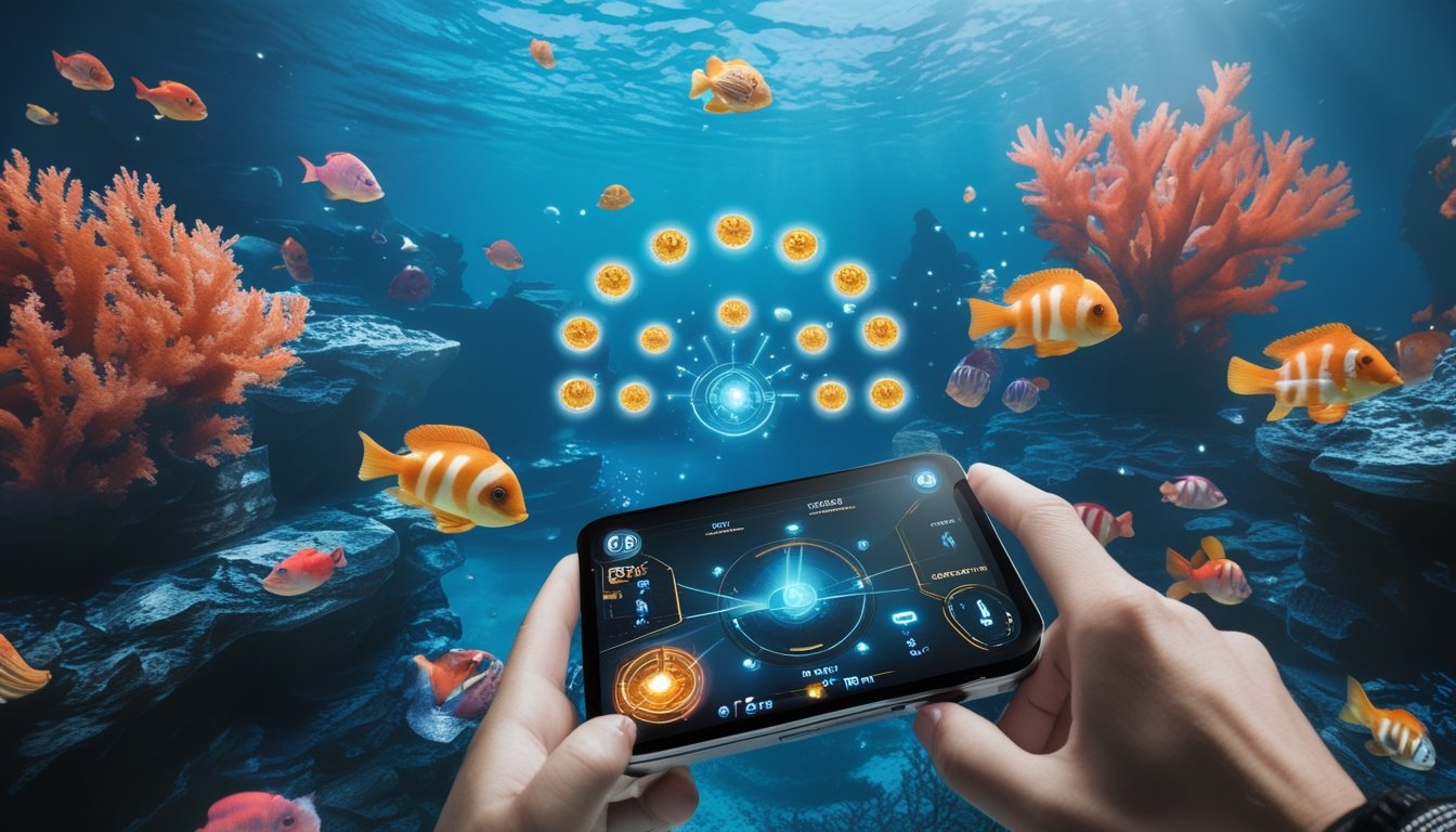 Layar permainan ikan dengan latar bawah laut dan tangan pemain yang mengoperasikan kontroler, menampilkan efek power-up yang menyala.