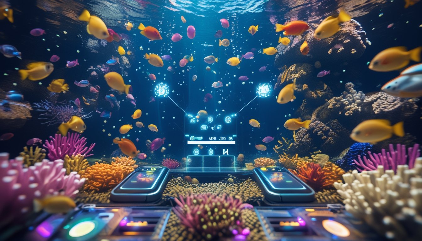 Pemandangan bawah laut berwarna-warni dengan ikan tropis dan elemen antarmuka permainan digital yang menunjukkan penggunaan power-up untuk mendapatkan skor tinggi.